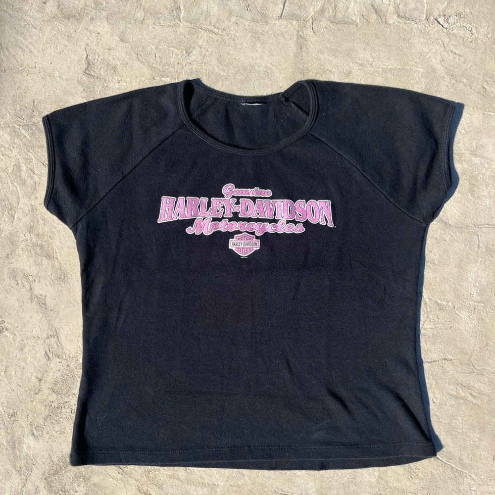 Vintage 2000's Harley Davidson Black Baby tee with Pink Glittery Logo Print.